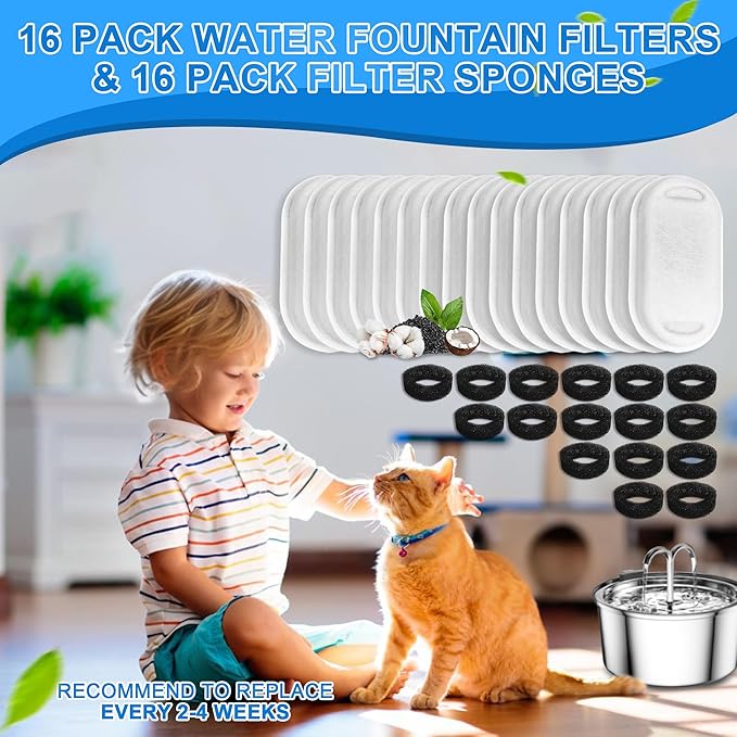 Cat Water Fountain Filters, 32 Pack Cat Replacement Filters for Stainless Steel 108oz/3.2L& 67oz/2L adjustable Flow Pet Water, Dog Fountain Filter（16+16 Pack）
