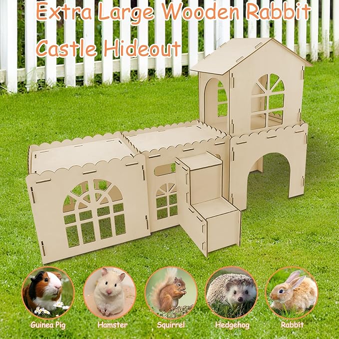 YUEPET Extra Large Wooden Rabbit Hideout Castle Detachable Bunny Tunnel Hut with Ramp Small Animal Houses & Habitats for Outdoor Indoor Rabbit Guinea Pig Chinchilla Ferret Hamster to Rest Hideawy Play