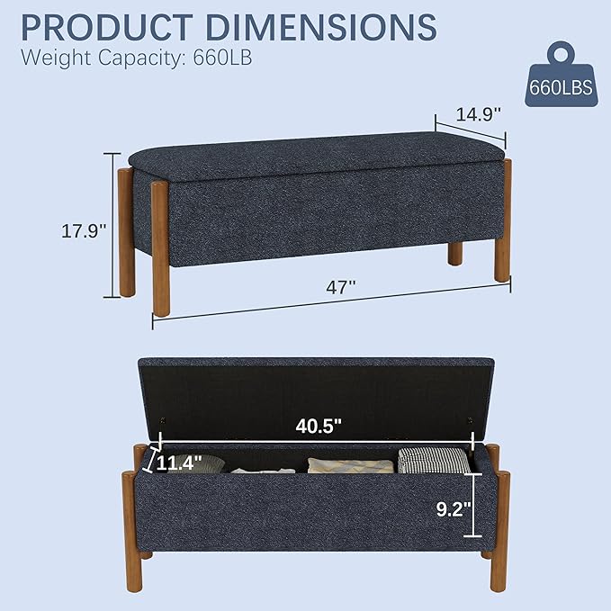 Modern Storage Benches with Walnut Wood Legs, 47'' Ottoman Bench with 20 Gallons Storage Space for Bedroom End of Bed, Fabric Upholstered Entryway Bench with Seating for Livingroom, Blue