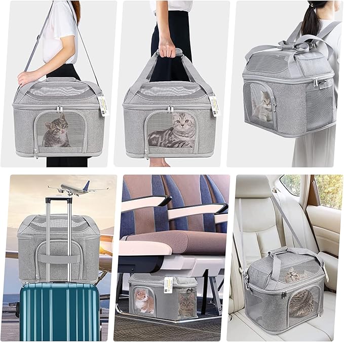 Large Cat Carrier for 2 Cats, Soft Side Pet Carrier for Cats Small Dog Up to 20 lbs, Collapsible Travel Dog Carrier Bag, Oeko-TEX Certified TSA Airline Approved Cat Carrier Backpack (Gray)