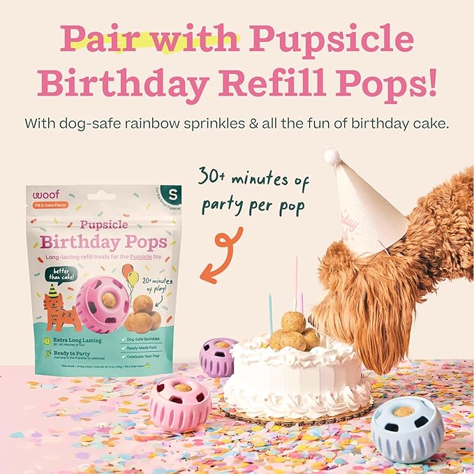 WOOF Party Pupsicle - Long-Lasting Interactive Dog Toys for Boredom - Low-Mess Design - Birthday Gifts for Dogs - Large Dog Toys - Party Pink