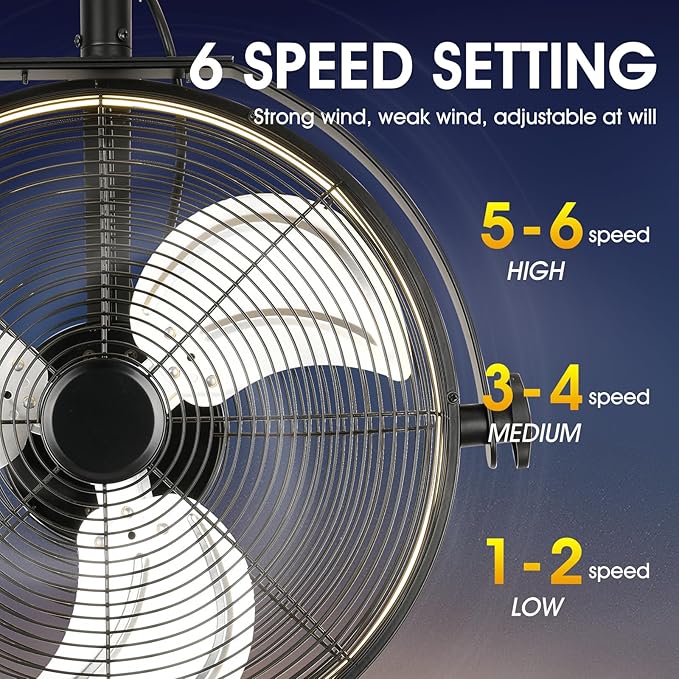 16 inch Wall Mount Fan with Lights and Remote,6-Speed Gazebo Ceiling Fan Adjustable Tilt Dimmable Wall Fan,High Velocity Industrial Outdoor Fans for Patio,Garage,Commercial,Black