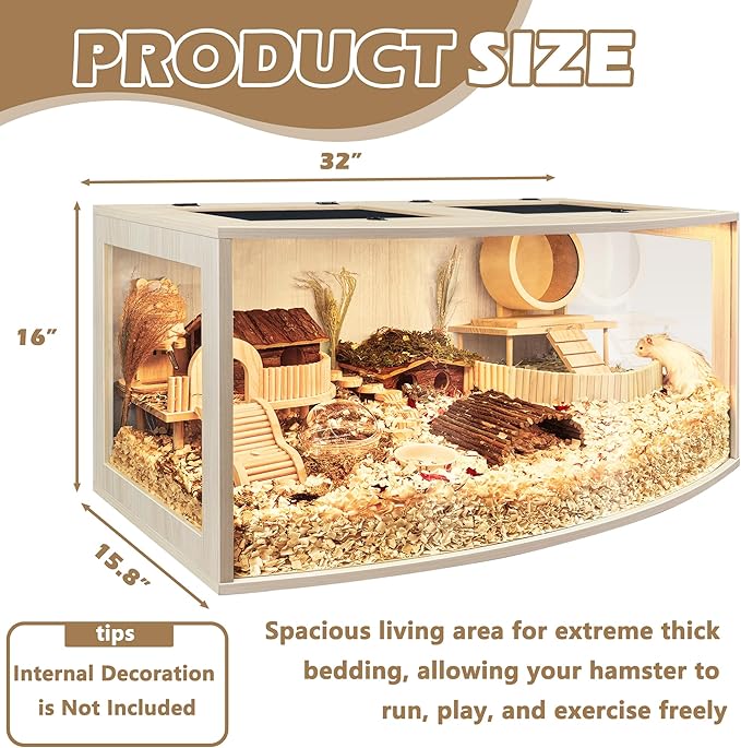 Hamster Cage Chew Proof Wood, Hamsters Enclosure Openable Top with Curved Design,Waterproof Small Animals Cage with Acrylic Sheets for Gerbils,Hamster Habitat(32 Inches)