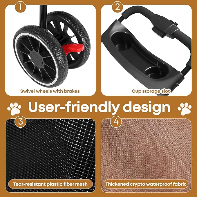 Pet Stroller,Dog Stroller for Small Medium Dogs Cats,3 Wheels,Foldable,with Breathable Mesh Canopy,Cup Holders,Easy Assembly,Deep Brown