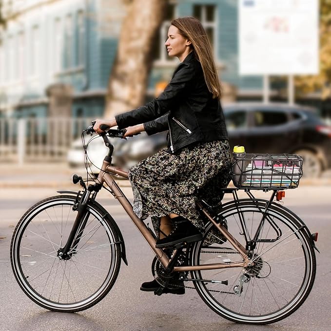 CXWXC Rear Bike Basket - Bicycle Rear Basket with Cargo Net and Waterproof Cover - Rear Mount Aluminium Bike Basket Large Capacity