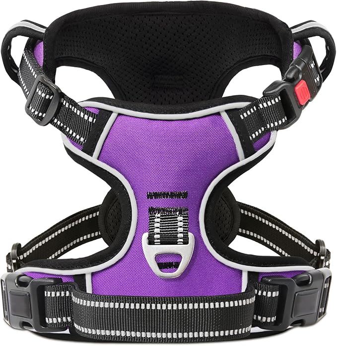 Timos Dog Harness Small Sized, No Pull with Neck Lockable Snap,No Choke Front Clip Dog Reflective Harness,Adjustable Metal Rings 3 Buckles,Easy Control Handle for Small Dogs Purple S