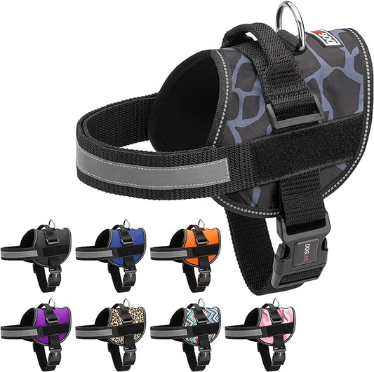 Dogline Dog Harness, Reflective No-Pull Adjustable Vest with Handle for Walking, Training, Breathable, No - Choke Harness for Small, Medium or Large Dogs Room for Patches Girraffe Grey XS 15"-18"