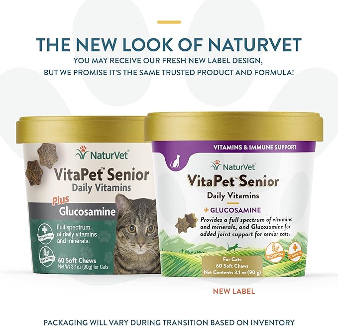 NaturVet VitaPet Senior Daily Vitamins for Cats Plus Glucosamine, Specifically Formulated to Provide Essential Minerals, 90 g, 60 Count