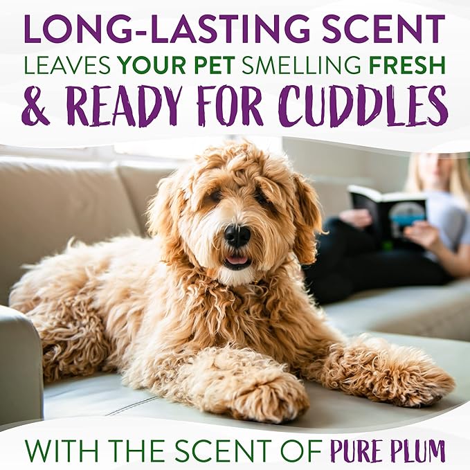 TropiClean Dog Perfume, Long Lasting Plum Cologne, Deodorizing Spray for Smelly Dogs, After Bath Detangling Spray with Vitamin E, Safe for Cats, 8oz.