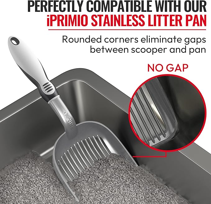 iPrimio Cat Litter Scooper Deep Shovel with Holder - (Silver XL) - Non-Stick Pooper Scooper Shovel Kitty Litter Sifter - Patented Solid Aluminum Poop Scoopers with Long Handle, Easy Grip, Pet Supplies