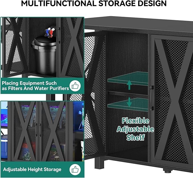 YITAHOME 90-120 Gallon Reptile Tank Stand with Power Outlet & LED Light, Heavy Duty Aquarium Stand w Accessories Storage Cabinet - Metal Fish Tank Stand for Turtle, Reptile, 2000LBS Capacity, Black