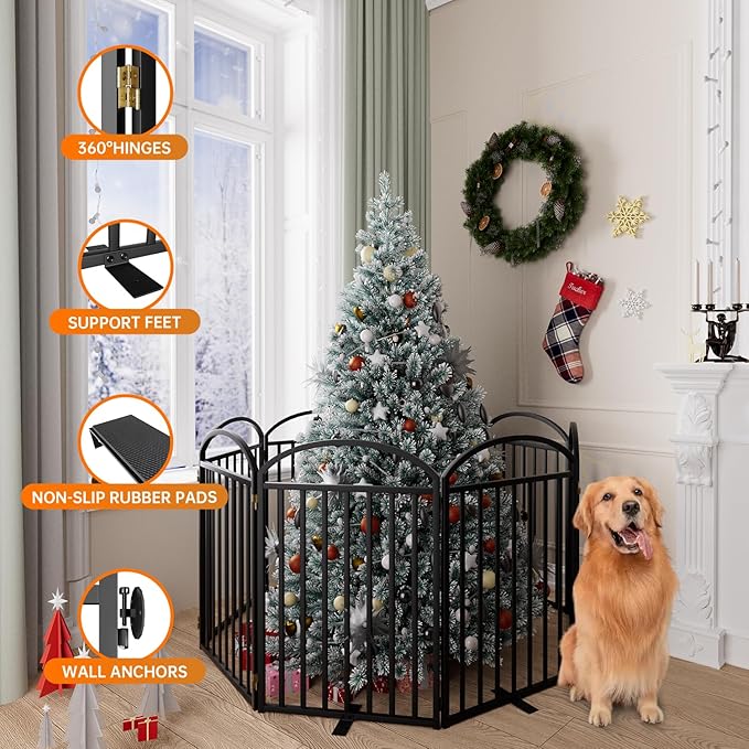 8 Panles Full Matel Freestanding Dog Gates with Door, 192"Extra Wide 32"Tall Free Standing Dog Pet Gate for Indoor & Outdoor. Foldable Pet Fences for Doorways, House, Stairs, Porch, Deck, Yard