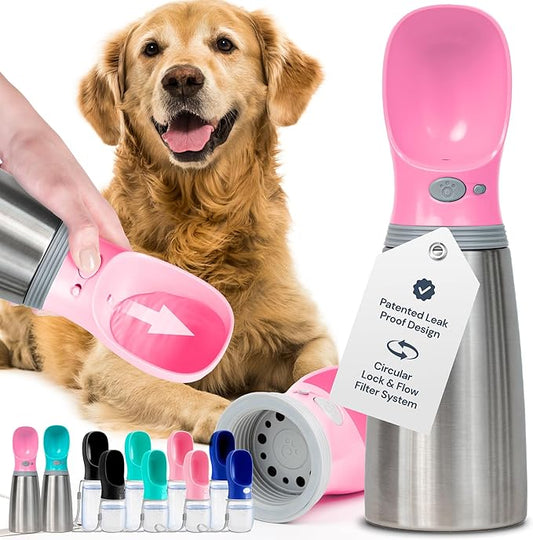 MalsiPree Insulated Dog Water Bottle - 24 Oz, Pink - Leak-Proof Stainless Steel Portable Travel Dispenser & Bowl