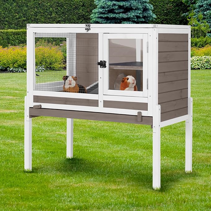 GUTINNEEN Indoor Rabbit Hutch Guinea Pig Cages with Chew-Proof Ramp, 2-Story Wooden Bunny House with Pull-Out Tray & Leakproof PVC Layer, Small Animal Cage with Detachable Legs