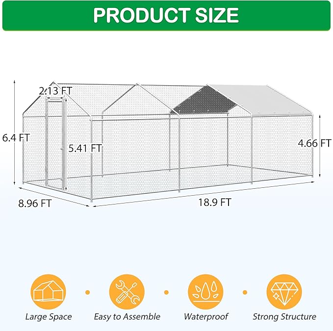 Large Metal Chicken Coop, Walk-in Chicken Run Pen with Waterproof Cover, Spire Roof Poultry Cage for Outdoor, Backyard, Farm