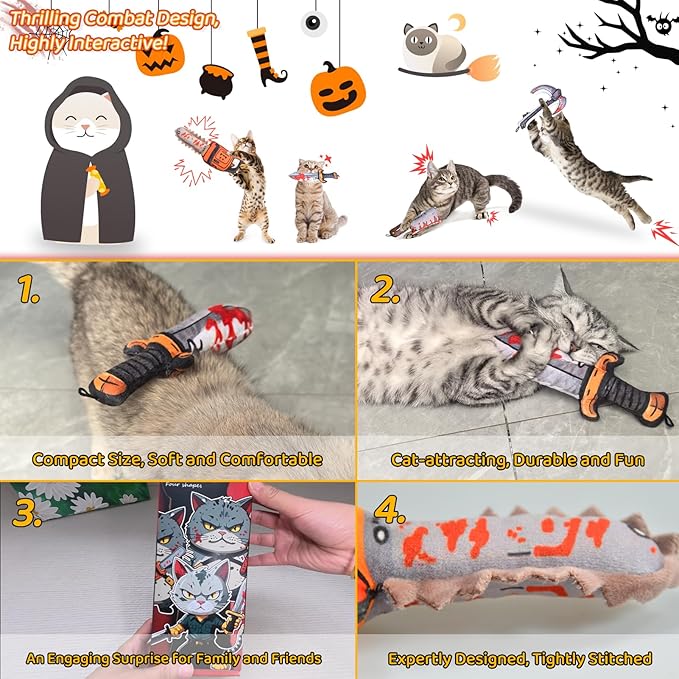 Cat Toys [8000mg Premium Catnip] Cartoon Colorful Style Horror Funny Knife Catnip Cat Toys Durable Rattle Sound Toy for All Cat Breeds Indoor Interactive Kitten Toys Get Bored Cats Active 4 PCS
