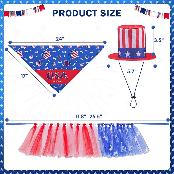 SCENEREAL 4th of July Dog Bandana Dress with Hat Set, Independence Dog Costume for Small Sized Dogs, Cute Tutu Skirt Outfit for Party