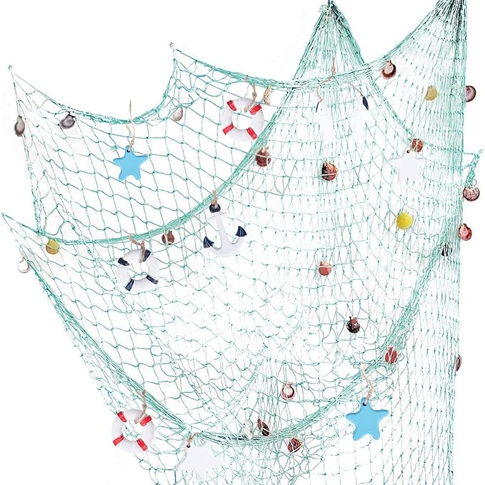 Nature Fish Net Wall Decoration with Shells, Ocean Themed Wall Hangings Fishing Net Party Decor for Pirate Party,Wedding,Photographing Decoration (2pack-Aqua/Aqua)
