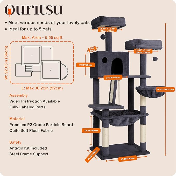 Ouritsu Cat Tree, 56 inch Tall Cat Tower for Large Cat Indoor, Large Condo, 2 Padded Perches, Steel-Framed Hammock, Scratching Post and ramp, Fluffy Basket, Dark Gray, LF001DG