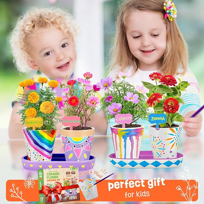 4 Set Paint & Plant Flower Gardening Kit - Gifts for Girls Ages 8-12, Arts and Crafts for Kids Ages 8-12, Kids Gardening Set, Birthday Toys Gifts for Girls Boys Ages 6 7 8 9 10 11 12