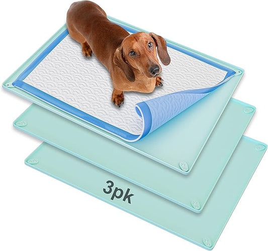 TidyFriend 3 Pk Pee Pad Holder Tray for 30” x 23” Pee Pads with Corner Lock Holes, Raised Edges, Non-Spill, Easy to Clean Silicone Dog Potty Tray Holder, For Indoor Floor Protection (Turquoise)
