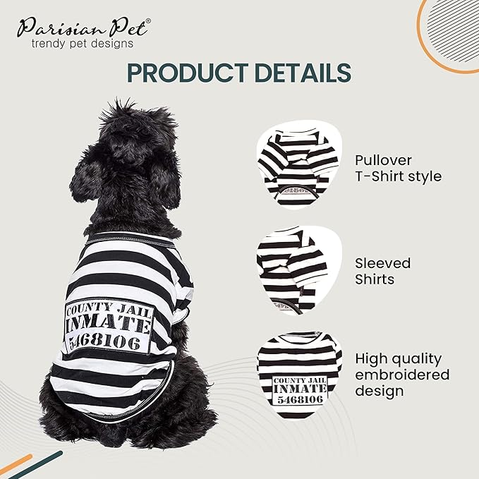 Parisian Pet Prisoner Dog Shirt - Black and White Striped Cotton Costume - Lightweight Polyester Sleeved Outfit for Large Dogs - Pet Clothes - 5XL