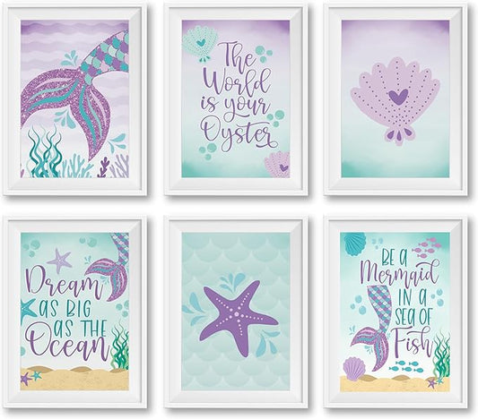 Hadley Designs 6 Mermaid Wall Decor – Reversible Magical Mermaid Wall Art for Nursery & Bathroom, Under the Sea Unframed Ocean-Themed Room Decor Prints for Girls' Bedroom