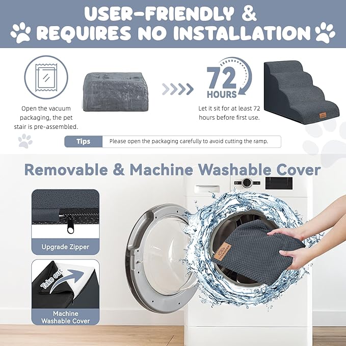 Dog Ramp and Stair for Bed 16" H-20 H,3-Step Cat Stair for Sofa and Chair,4-Step Dog Ramp for High Bed and Window,Durable Nonslip Fabric Cover for Indoor (Dark Grey-20 H, Pet Friendly, 4)