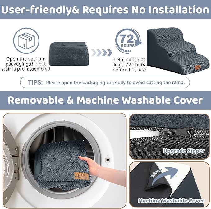 Dog Ramp and Stair for Bed 16" H-20 H,3-Step Cat Stair for Sofa and Chair,4-Step Dog Ramp for High Bed and Window,Durable Nonslip Fabric Cover for Indoor (Dark Grey-16 H, Pet Friendly, 3)