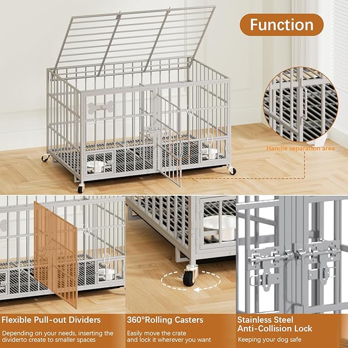 aboxoo 48/42 inch Heavy Duty Metal Dog Crate for 2 Dogs/Large Dog,All Metal Open Top,Dog Kennel Indoor with Wheels,Floor Grid, Tray, Divider and Feeding Bowl (Sliver)