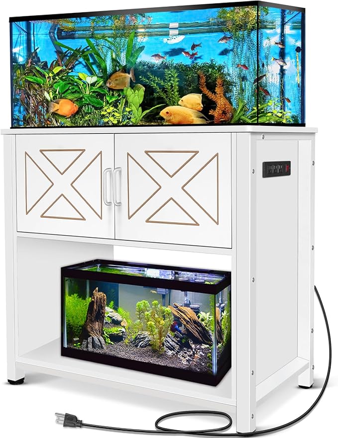 40 Gallon Tank Stand with Cabinet and Power Outlets, Heavy Duty Metal Aquarium Stand for 40-50 Gallon Breeder Tank, Turtle Tank, Double Terrarium Stand, 660LBS Capacity, White