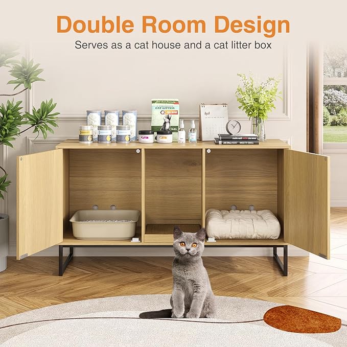Litter Box Enclosure for 2 Cats, Fluted Hidden Cat Litter Box Furniture with Scratch Pad and Metal Legs, Modern Double Room Kitty House for Living Room, Washroom, 47.2”L x 17.7”W x 25.9”H, Natural