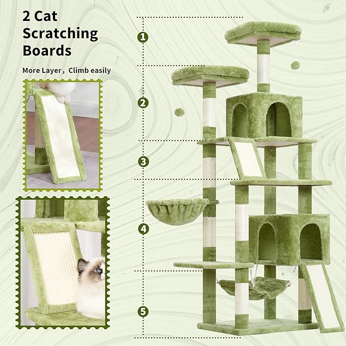 Cat Tree for Indoor Cats, 71'' (180cm) Multi-Level Cat Tower for Large Adult, Sturdy Cat Tree House with 2 Scratching Boards 7 Posts, 2 Plush Perches/Condos, Hammock, Green GCT032GR