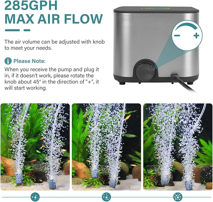 hygger Aquarium Air Pump 10W 285GPH Ultra Quiet Powerful Fish Tank Air Pump with Adjustable Knob Dual Outlets Air Stone Fish Tank Bubbler Aerator for Up to 600 Gallon Tank