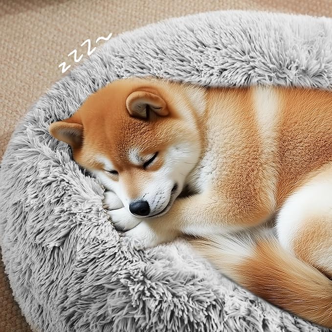 Love's cabin Calming Dog & Cat Bed, Cat Bed for Indoor Cats,Anti-Anxiety Donut Round Dog Bed,Fluffy Faux Fur Washable Bed for Small Medium Pet,Grey,30"