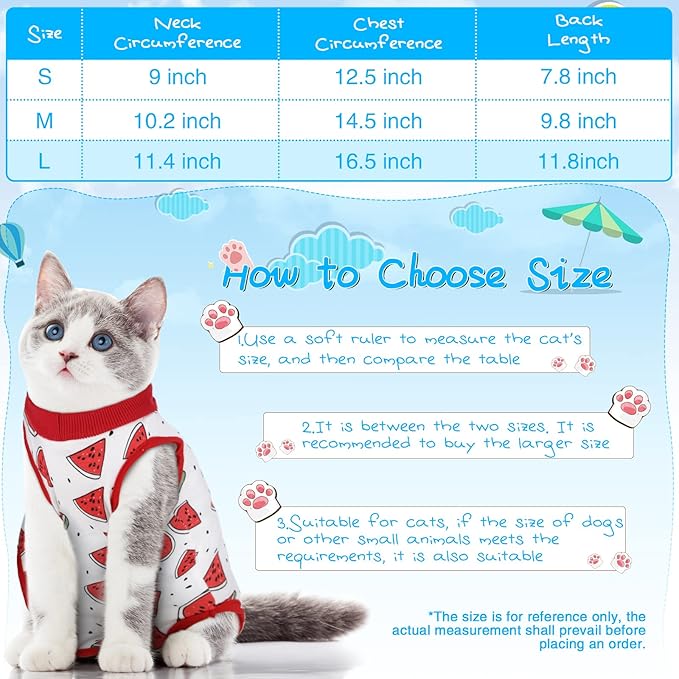 Nuanchu 3 Pieces Cat Recovery Suit Kitten Recovery Suit E-Collar Alternative for Cats and Dogs Abdominal Skin Anti Licking Pajama Clothes Sets(Watermelon Pattern,Large)