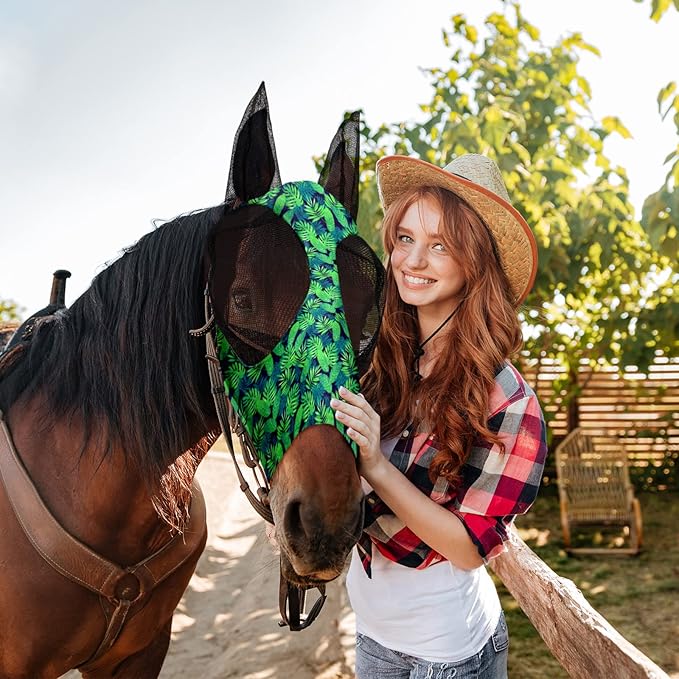 Chunful 6 Pcs Horse Fly Masks with Ears Smooth and Comfortable Cashel Mesh Fly Mask Elasticity Breathability UV Protection Horse Face Covering for Riding Supplies(Flamingo,Medium)