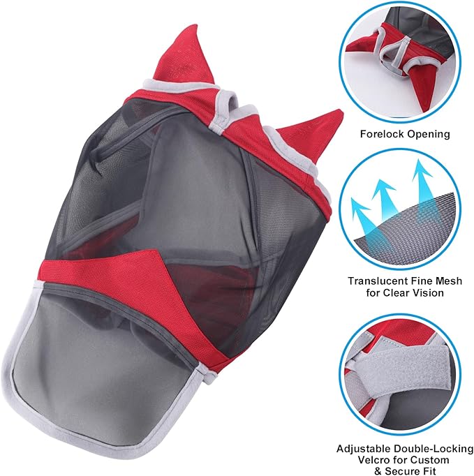 Horse Fly Mask with Ears & Long Nose Cover | Forelock Opening for Tangle-Free Mane Care | UV Protection & Breathable Mesh | No Rub Fit and Enhanced Visbility for Trail Riding Red Full