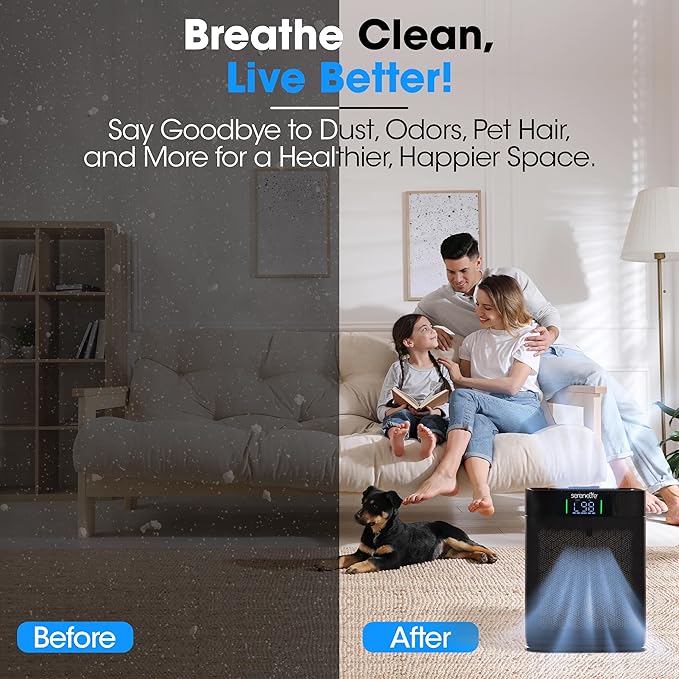 SereneLife HEPA Air Purifier for Home – Smart WiFi & App Control, Ultra-Quiet Air Purifier for Bedrooms & Large Rooms, Removes Dust, Pet Hair & Odors, Ideal for Pets & Allergies (1,076 Sq Ft, Black)