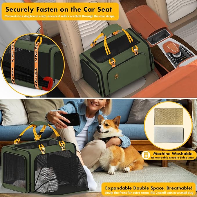 PAWZIDEA Pet Carrier with Wheels, 18x11x11 TSA Airline Approved Cat Carrier for 2 Cats Under Seat, Expandable Soft-Sided Dog Carrier for Small Dogs Rolling Travel Bag with Telescopic Handle, Foldable