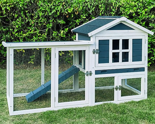 Large Outdoor Rabbit Hutch Weatherproof 2-Story Chicken Coop & Bunny Cage, Wooden Indoor/Outdoor Pet House with No-Leak Tray, Waterproof Roof & Pull-Out Tray (56.8" L x 34.7" H, Grey Blue&White)