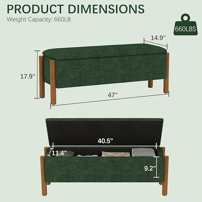 Modern Storage Benches with Walnut Wood Legs, 47'' Ottoman Bench with 20 Gallons Storage Space for Bedroom End of Bed, Fabric Upholstered Entryway Bench with Seating for Livingroom, Green
