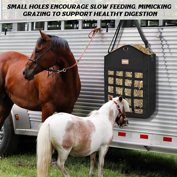 Innovative Hay Bags for Horses, Goat Hay Feeder with Reinforced Oxford Fabric and High Strength Metal Clasp,Horse Feeding Supplies with Adjustable Strap for Easy Hanging (2 Black+1 Purple)