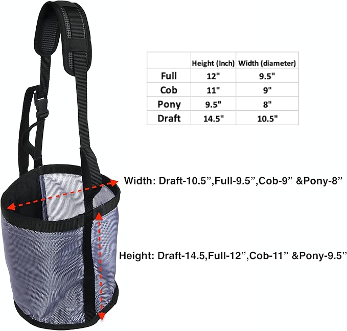 Majestic Ally Horse Feed Bag, Heavy Duty Nylon Mesh Grain Feed Bag, Adjustable Strap with Durable Snap and Elastic Straps, Comfort Neck Pad and Nose Pad- Large (Draft, Beige)