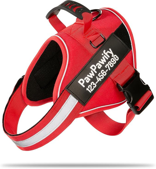 PawPawify Custom No Pull Dog Harness with Name and Phone Number, Heavy Duty Personalized Pet Vest to Prevent Tugging, Pulling, or Choking, Training and Walking (New Red, XL (60-85 LBS))