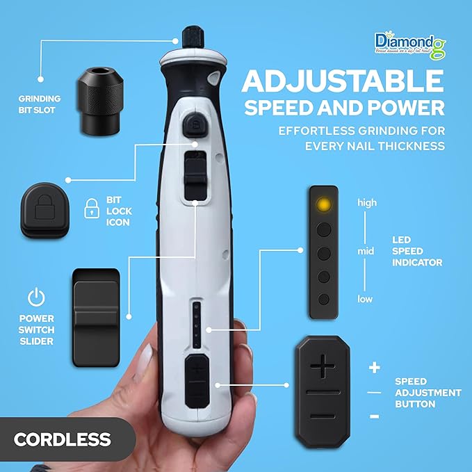 Diamondg Cordless Dog Nail Grinder with Quiet Sound & LED Tip for Large & Small Dogs, 4hrs. Runtime - Electric Dog Nail Trimmer, Heavy Duty Rotary Tool Alternative to Toenail Clippers & Filers