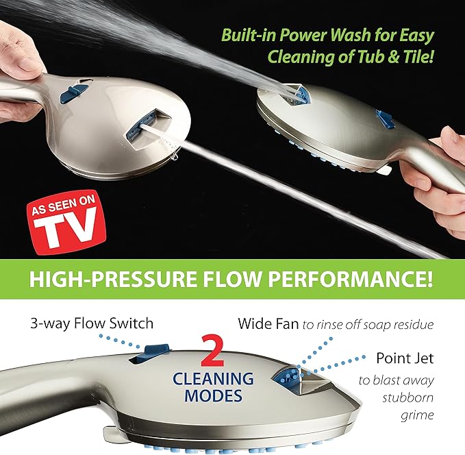 Hotel Spa AquaCare As-Seen-On-TV High Pressure 48-setting Rain & Handheld 3-way Shower Head Combo - Anti-clog Nozzles/Tub, Tile & Pet Power Wash/Extra Long 6 ft. Hose/Satin Nickel Finish