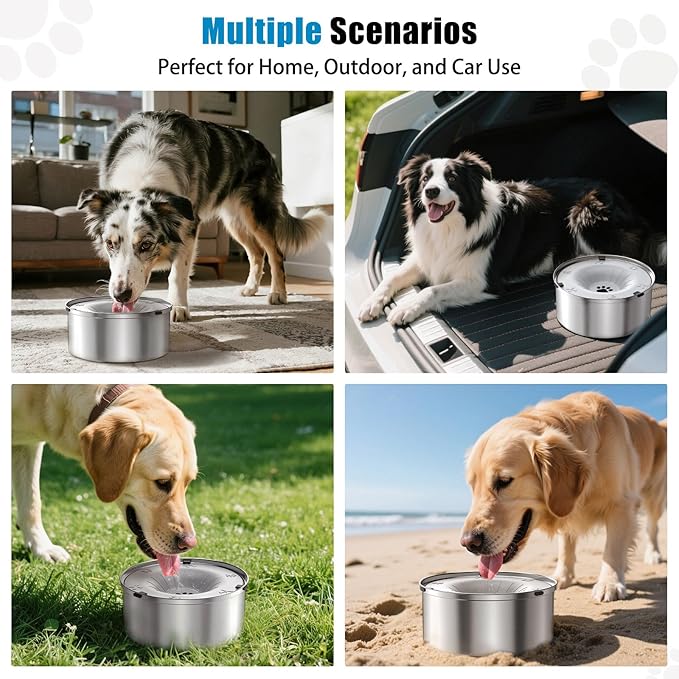 SCHITEC Dog Water Bowl No Spill 3L/0.8 Gallon Slow Drinking Anti-Splash Stainless Steel Dog Bowl with Floating Disk, Spill Proof Pet Travel Water Dispenser for Sloppy Messy Drinkers(Light Gray)
