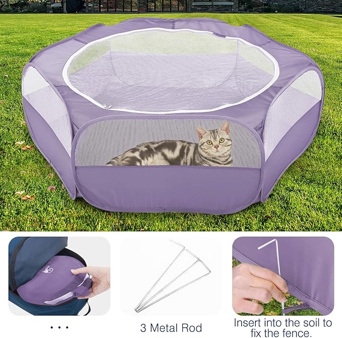 Pawaboo Small Animals Playpen, Waterproof Small Pet Cage Tent with Zippered Cover, Portable Outdoor Yard Fence with 3 Metal Rod for Chick/Kitten/Puppy/Guinea Pig/Rabbits/Hamster/Chinchillas, Purple