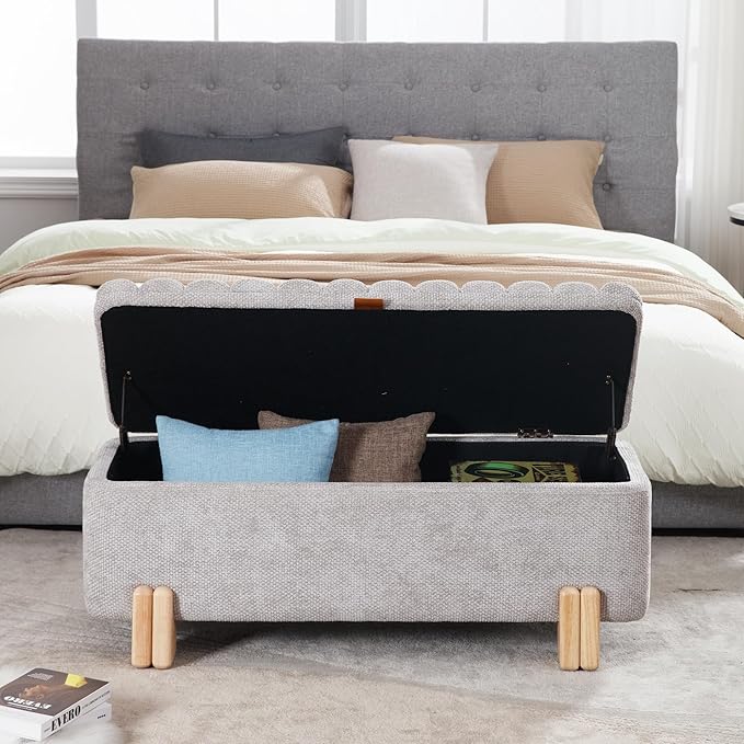 Wavy Ottoman Storage Bench Multi-Functional Narrow Entryway Bench Elegant End of Bed Bench with Storage and Safty Hinge for Living Room Entryway Hallway Bedroom Boutique, Grey
